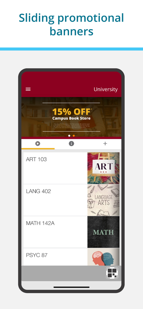 ListenWIFI app showing university audio channels and a promotional banner