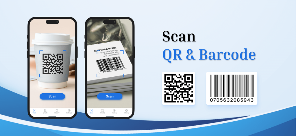 Interfaz de la aplicación Escáner de Códigos de Barras y Lector QR mostrando escaneo de QR y códigos de barras en iPhone