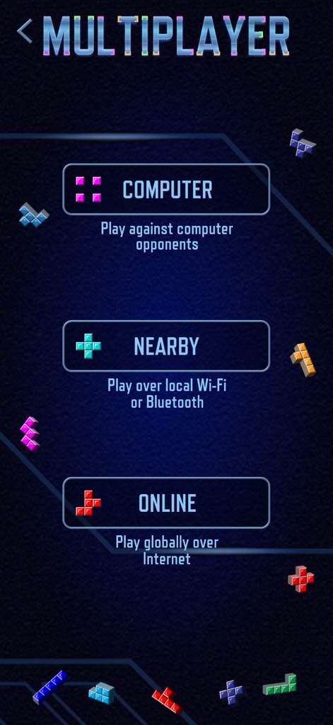 Pentix - Block Puzzle PVP Game - Le menu multijoueur du jeu Pentix propose des options pour jouer contre l'ordinateur, des amis à proximité ou des adversaires en ligne.