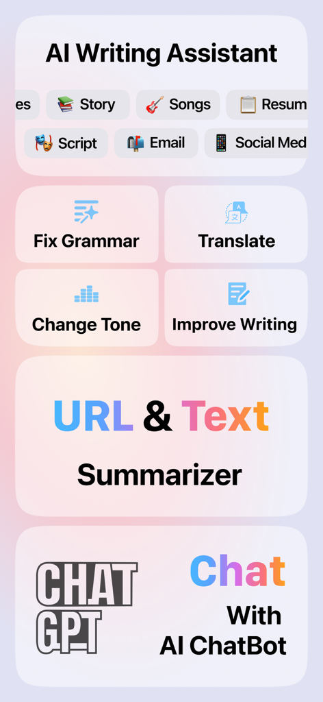 AI Writing Assistant: Raytr - Panel de la aplicación Asistente de Escritura IA Raytr que muestra herramientas para corrección gramatical, traducción y resumen de URL.