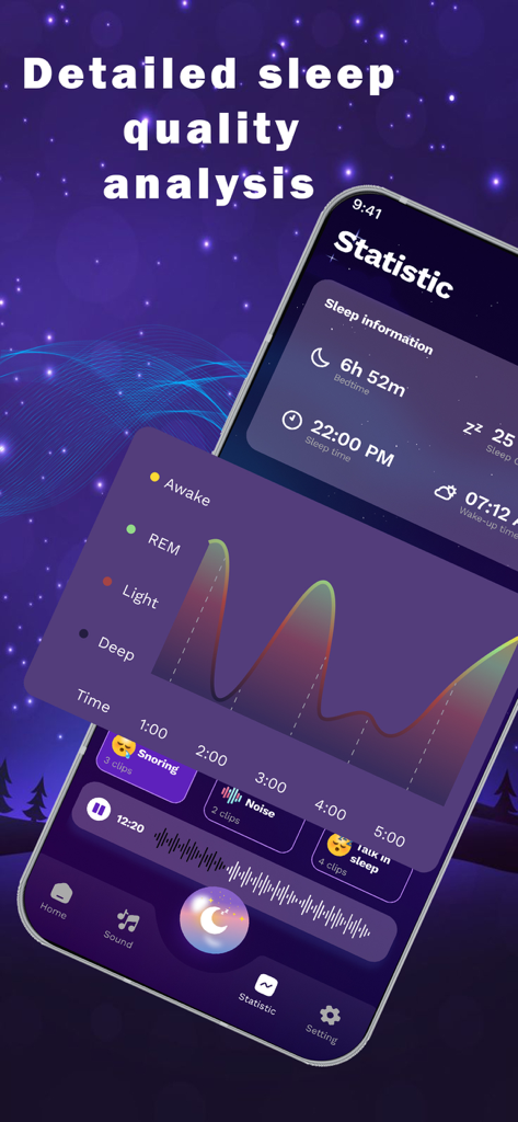 Detailed sleep quality analysis dashboard in SleepWell app showing sleep cycles and recorded sounds
