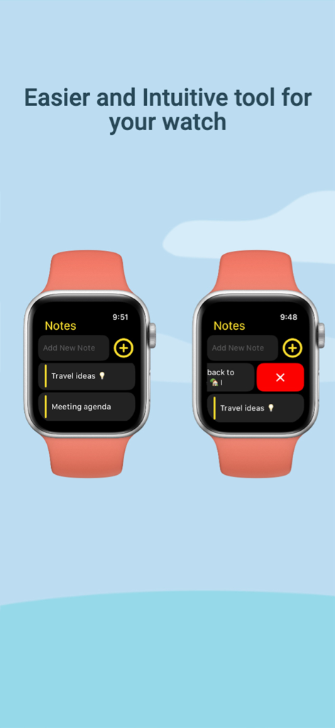 Notes+ for Watch - Interface of Notes+ for Watch displaying a list of organized notes and a delete button on an Apple Watch screen.