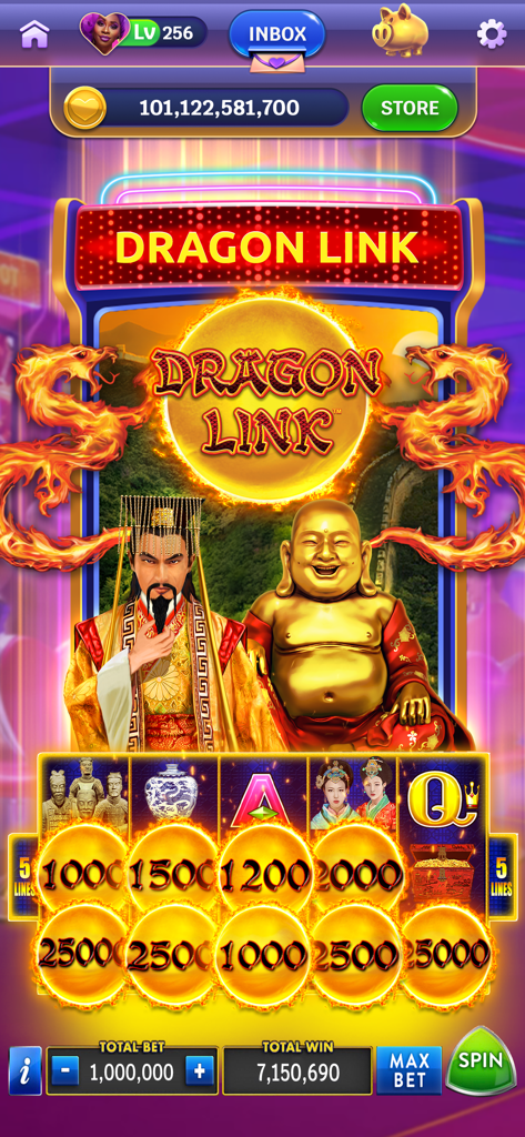 Heart of Vegas Casino Slots gameplay showing the Dragon Link machine with a big win