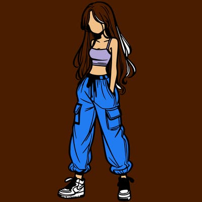girl in baggy pants crop top and long hair