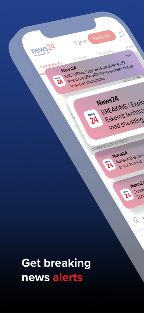 News24: Trusted News. First - A smartphone screen displaying several breaking news push notifications from the News24 app
