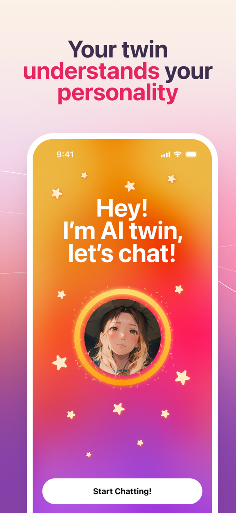 AI Twin app interface showing a personalized avatar and a button to start chatting