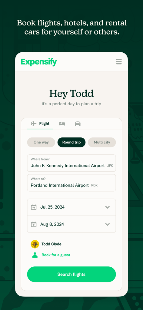 Expensify - Travel & Expense - Expensify mobile app interface showing flight booking and travel planning features for business professionals.