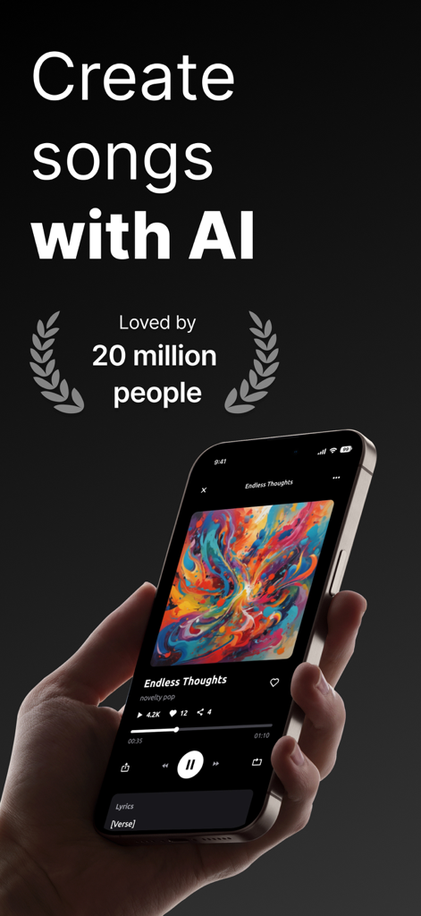 AI Song Generator - Zona - A hand holding a smartphone displaying the Zona music app interface with the text Create songs with AI.