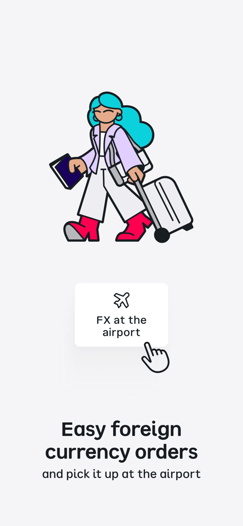 A woman with a suitcase and a button to order foreign currency for airport pickup on the bit app