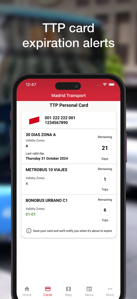 Madrid Transport app screen showing TTP card status and expiration alerts