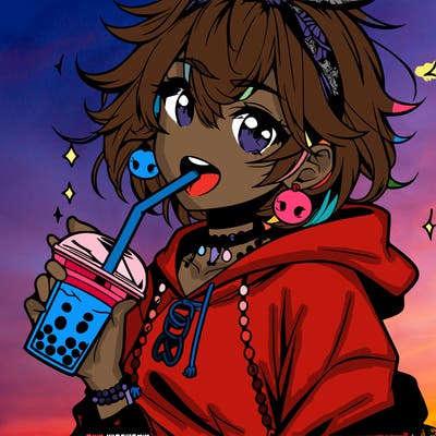 hot baddie anime girl drinking boba and biting the straw