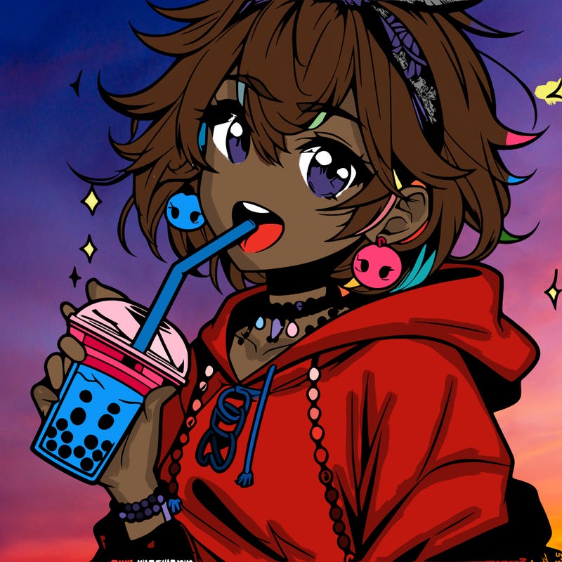 hot baddie anime girl drinking boba and biting the straw