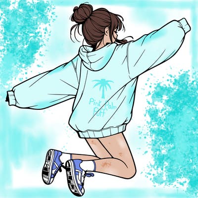 realistic girl jumping with a bun and oversized sweatshirt