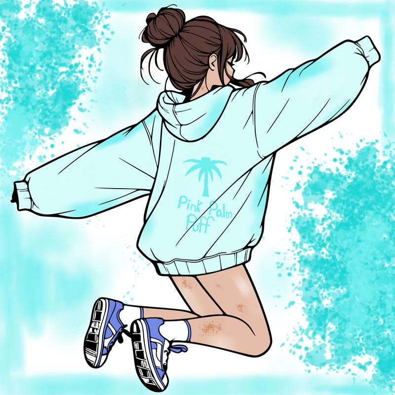 realistic girl jumping with a bun and oversized sweatshirt