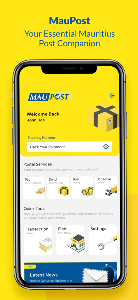 MauPost - MauPost-App-Oberfläche, die das Dashboard für Sendungsverfolgung und Postdienste anzeigt