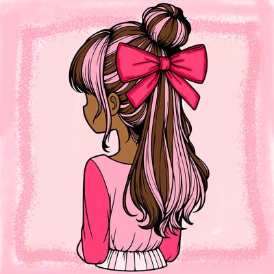 realistic girl  with hip length hair a bun and a big bow on the back of head