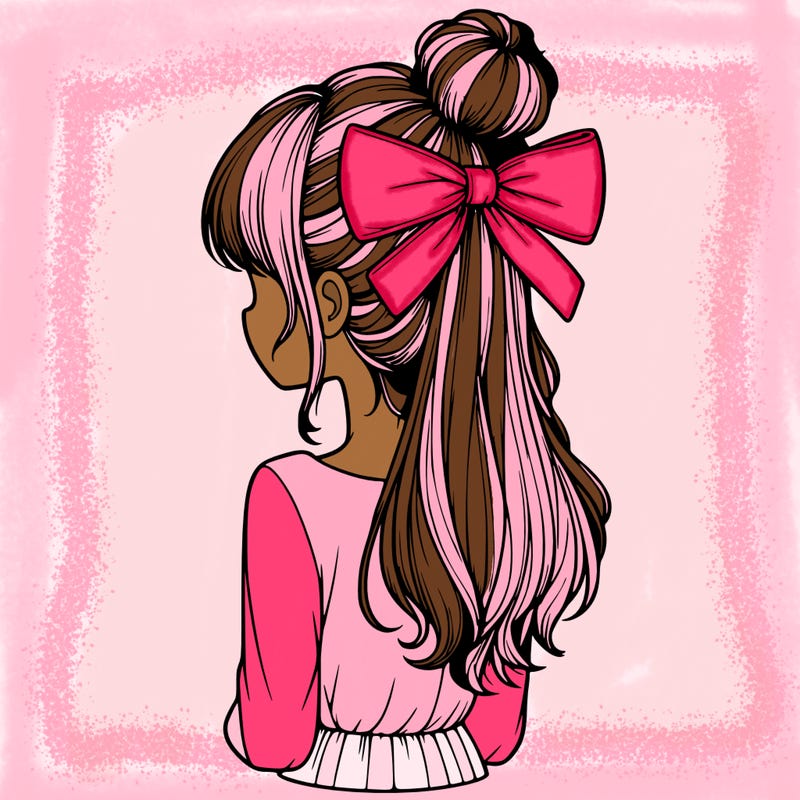 realistic girl  with hip length hair a bun and a big bow on the back of head