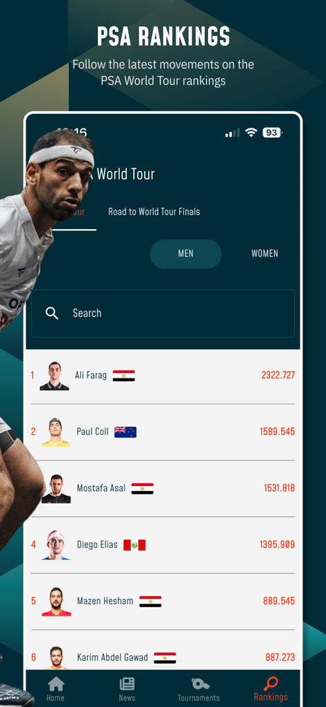 PSA Squash Tour app rankings screen displaying the top professional men squash players