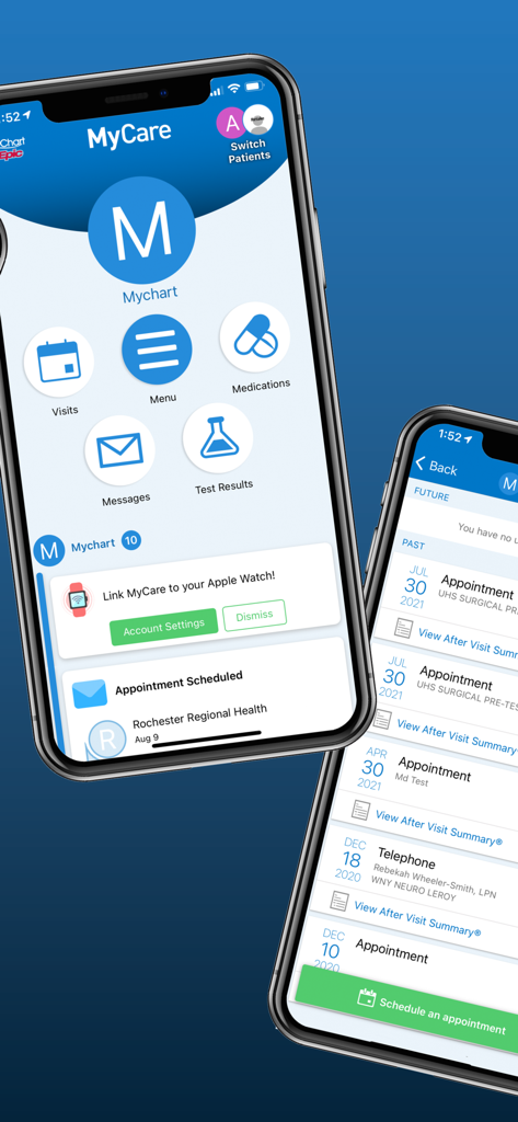 RRH MyCare - RRH MyCare app dashboard and appointment schedule interface on two iPhones