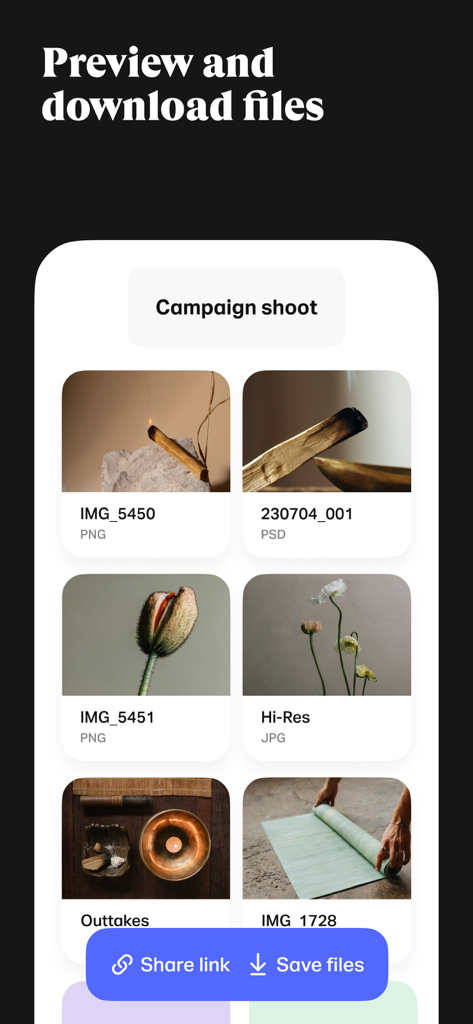 WeTransfer app screen showing a gallery of high-resolution image and design files with buttons to share links and save files