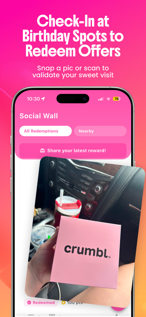 Birthday Hunter: BDay Freebies - The Social Wall feature in the Birthday Hunter app showing a redeemed Crumbl Cookies birthday offer.