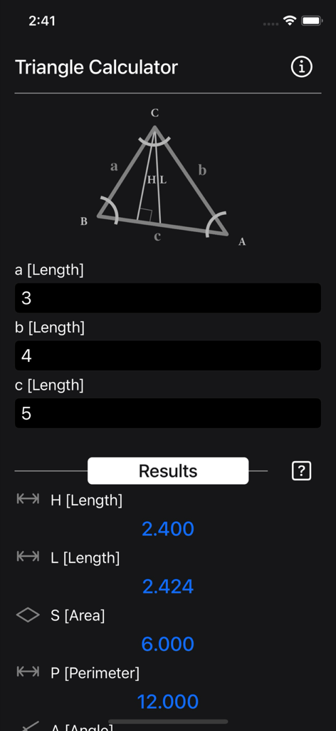 Triangle Calculator Plus - Interface of the Triangle Calculator Plus app showing a geometry diagram with calculated results for altitude area and perimeter