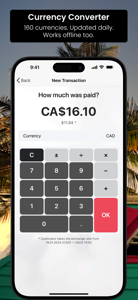 Cashinator - Split the bills - Interface do aplicativo Cashinator com um conversor de moedas e calculadora para dividir contas