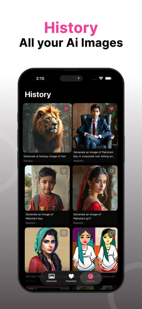 Blue Willow AI – Text to Image - L'écran d'historique de l'application Blue Willow AI montrant une grille d'images générées incluant des animaux et des portraits avec leurs prompts