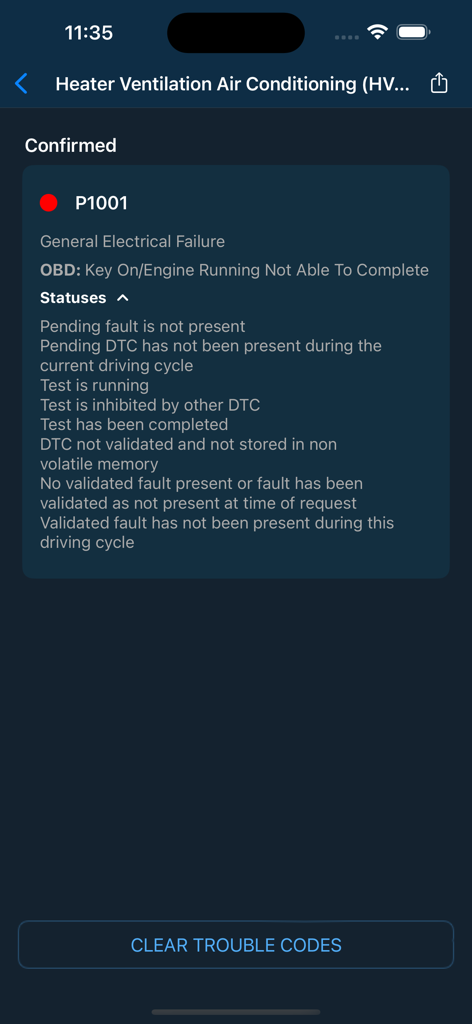 Car Mate - OBD2 CAR Scanner - Car Mate app diagnostic screen showing a P1001 trouble code and details for HVAC electrical failure