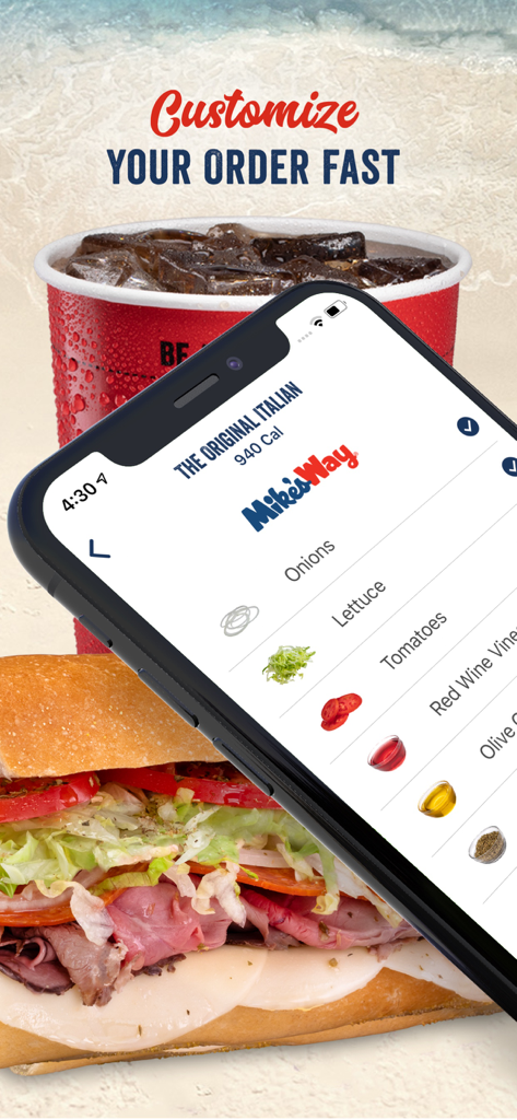 Jersey Mike's mobile app interface showing customization options for an Original Italian sub sandwich.