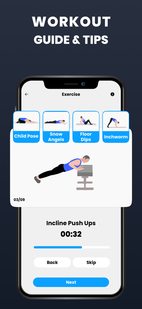Shoulder workout app interface showing a guide for incline push ups and exercise tips