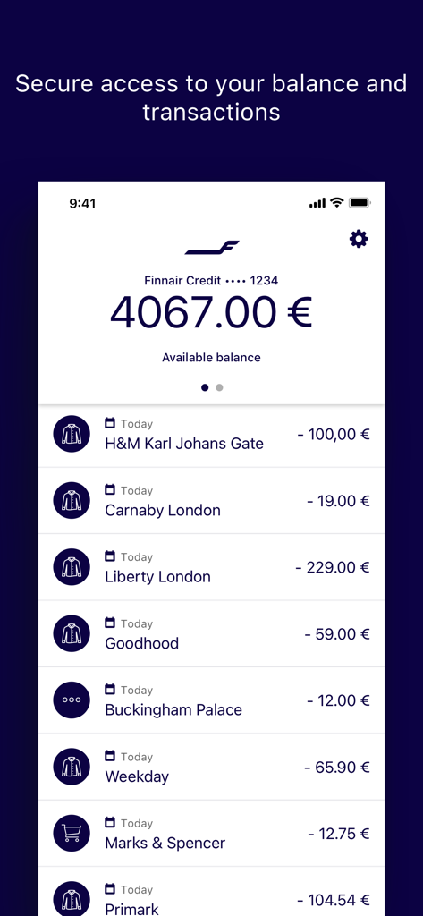 Finnair Visa App-Bildschirm, der den aktuellen Kredit-Saldo und eine Liste der letzten Transaktionen von internationalen Händlern anzeigt