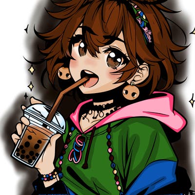 hot baddie anime girl drinking boba and biting the straw