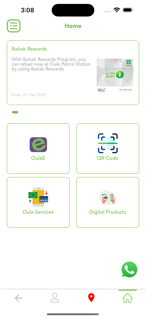 Startbildschirm der OulaFuel-Mobilanwendung mit Diensten wie QR-Code-Zahlungen und Kraftstoffprämien