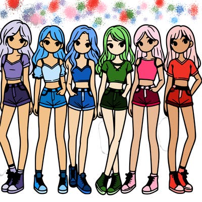 a group of girls wearing crop tops and shorts