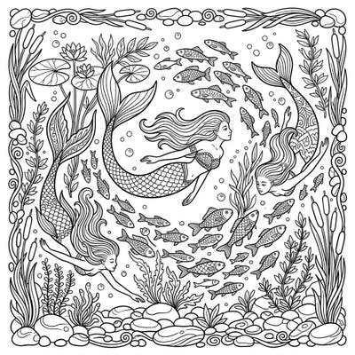 Immerse yourself in the serene beauty of freshwater with this captivating River Mermaids coloring page. Three graceful mermaids swim amidst schools of fish, lush aquatic plants, and smooth river stones, ready for your creative touch.