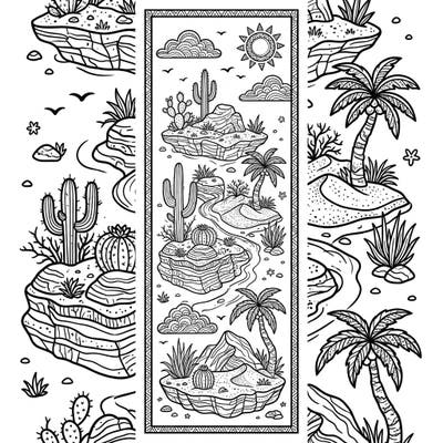 Dive into the serene beauty of desert islands with this unique coloring bookmark. Featuring an arid landscape filled with intricate cacti, palm trees, and rocky formations, it's a perfect blend of relaxation and creativity.