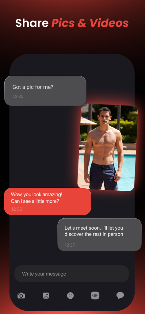 A private chat interface in the Daddyhunt app showing a message exchange and a photo of a man by a pool