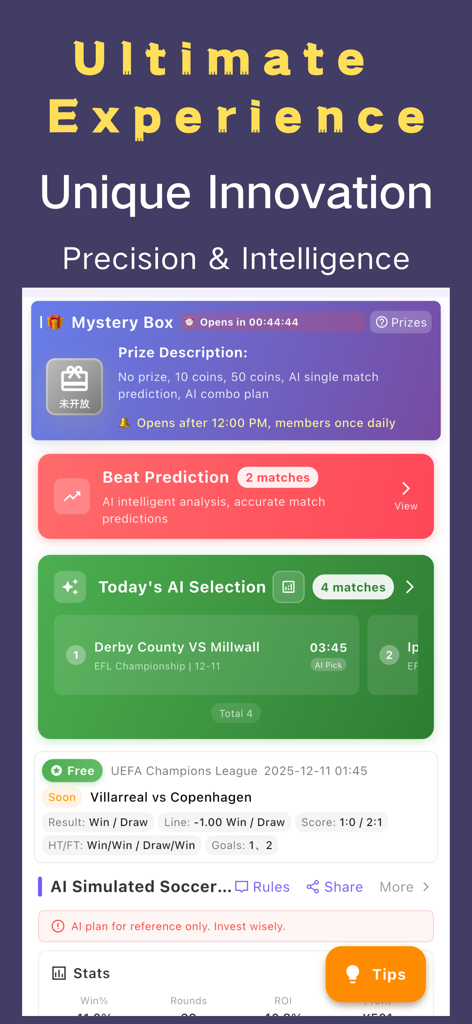 AI Ball Predictions & Tips - AI sports betting app dashboard with soccer match predictions and stats