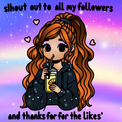 cute girl wearing a oversized hoodie drinking lemonade, long wavy high ponytail looking at a sign that says 'shout out to all my followers and thanks for the likes'
