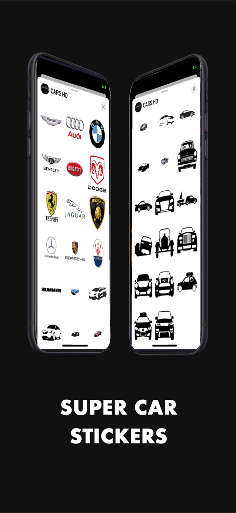Car HD Wallpapers Collection - Showcase of super car brand logos and vehicle silhouette stickers in the mobile app interface