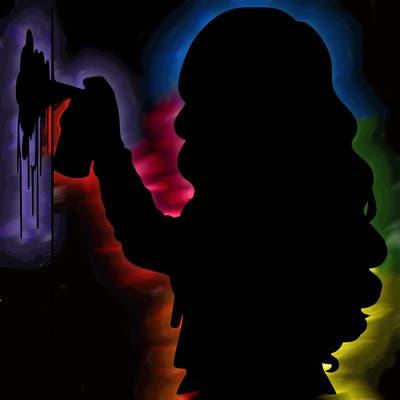 realistic girl with mask spray painting a wall