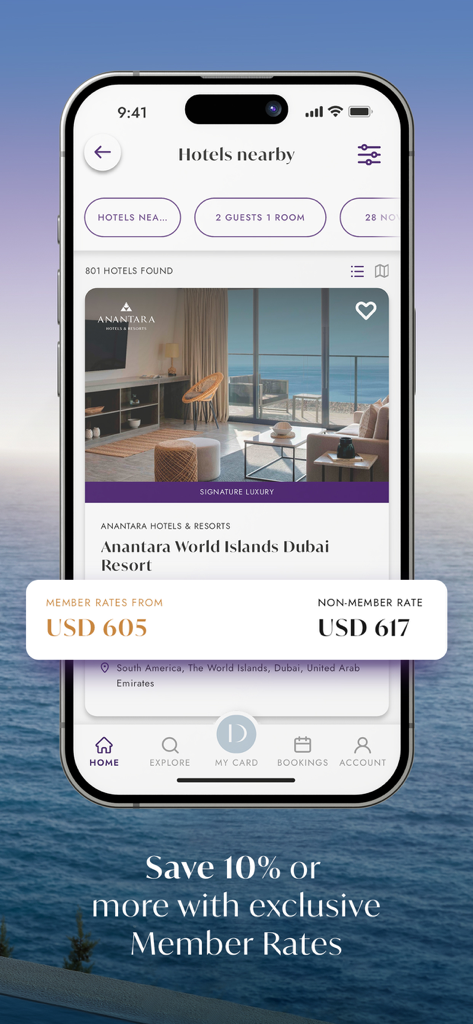 GHA DISCOVERY - GHA DISCOVERY mobile app interface showing exclusive member rates for a luxury hotel stay.