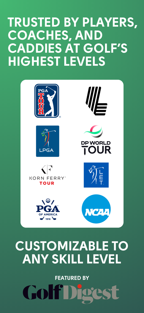 Logos de tours profissionais de golfe e Golf Digest apresentando o aplicativo Shot Pattern