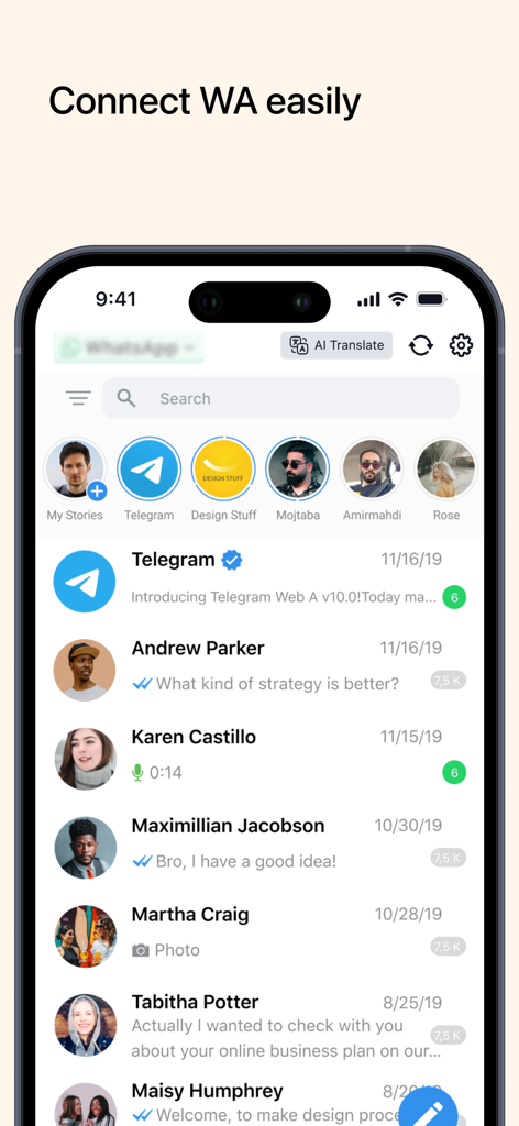 Messenger AI App-Bildschirm, der eine einheitliche Chat-Liste mit mehreren Konten und KI-Übersetzungsoptionen anzeigt.