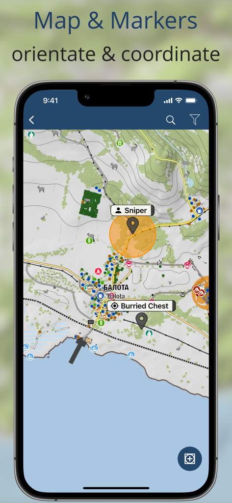 iZurvive app showing a topographical map with tactical markers for player coordination
