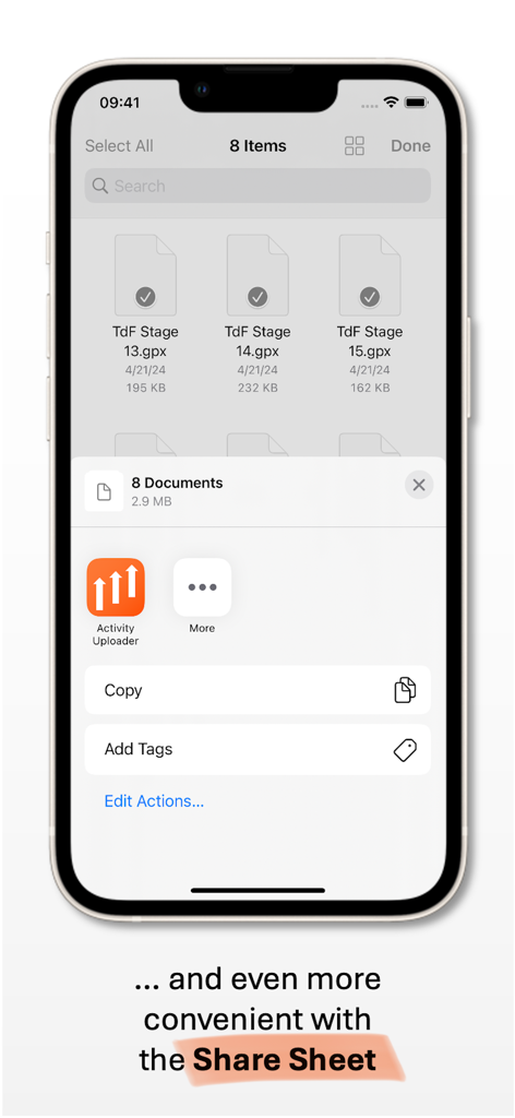 Activity Uploader - A smartphone showing the iOS Share Sheet with the Activity Uploader app icon used to batch upload fitness files to Strava.