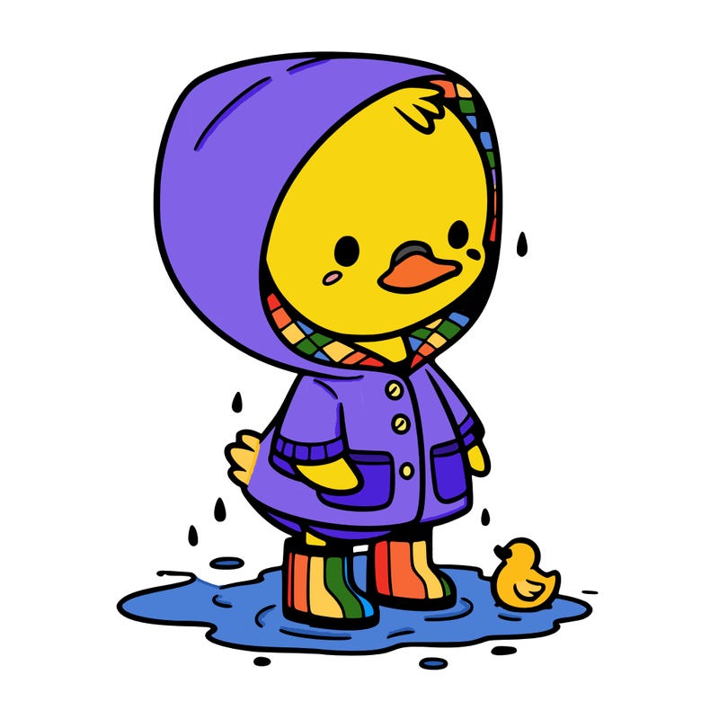 baby duck in a rain coat and boots, in a puddle while it’s raining