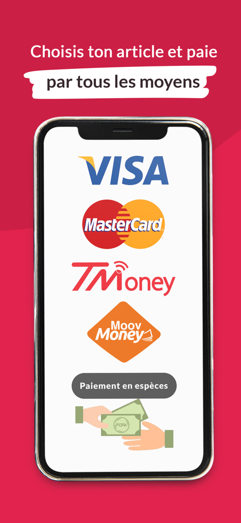 KABA - Kabaデリバリーアプリの支払いオプション画面。Visa、Mastercard、T-Money、Moov Money、現金払いのアイコンを表示