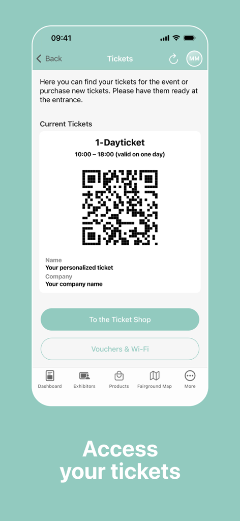 TOP HAIR Fair 모바일 앱에 표시된 QR 코드가 있는 디지털 1일권